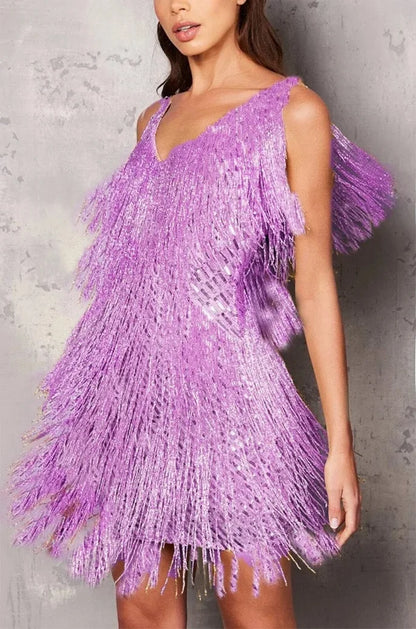 Elegant Sequin Fringe Mini Dress for Women with V Neck Sleeveless Tiered Sparkle Formal Party Style