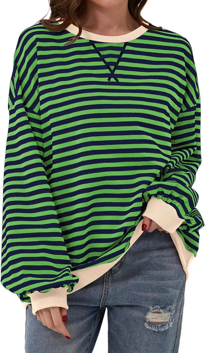 Comfortable Striped Sweatshirt for Women with Crew Neck Long Sleeve Contrast Trim Oversized Knit Style