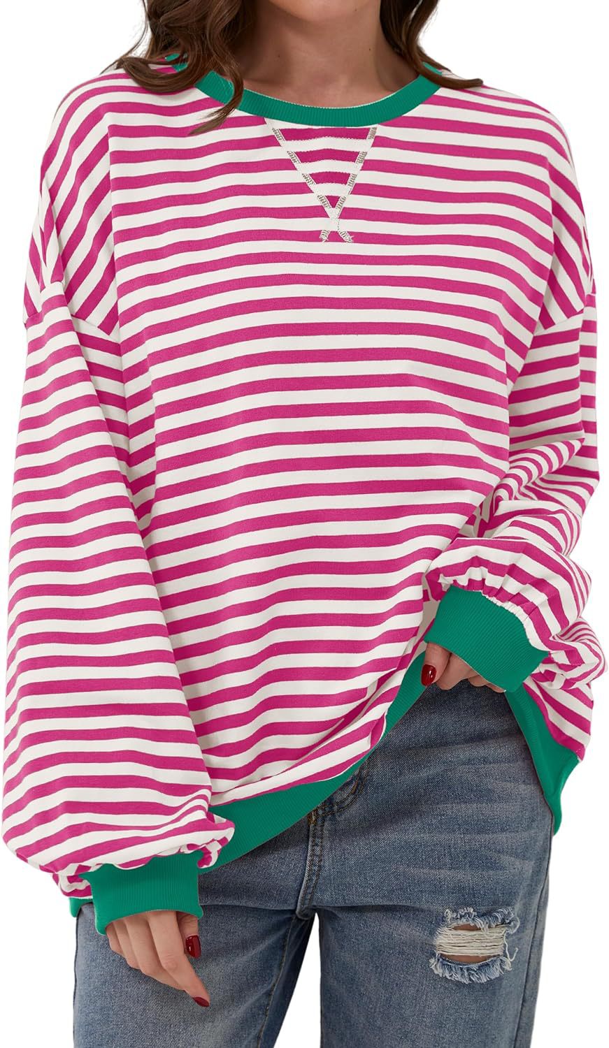 Comfortable Striped Sweatshirt for Women with Crew Neck Long Sleeve Contrast Trim Oversized Knit Style