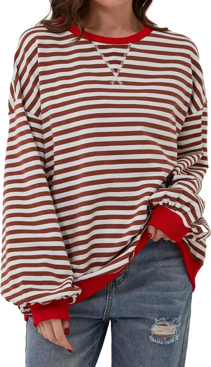 Comfortable Striped Sweatshirt for Women with Crew Neck Long Sleeve Contrast Trim Oversized Knit Style