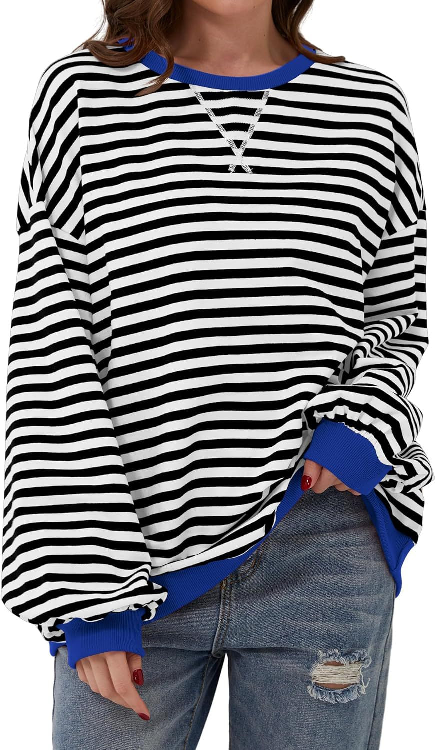 Comfortable Striped Sweatshirt for Women with Crew Neck Long Sleeve Contrast Trim Oversized Knit Style