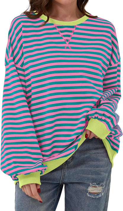 Comfortable Striped Sweatshirt for Women with Crew Neck Long Sleeve Contrast Trim Oversized Knit Style
