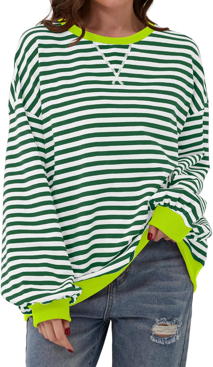 Comfortable Striped Sweatshirt for Women with Crew Neck Long Sleeve Contrast Trim Oversized Knit Style
