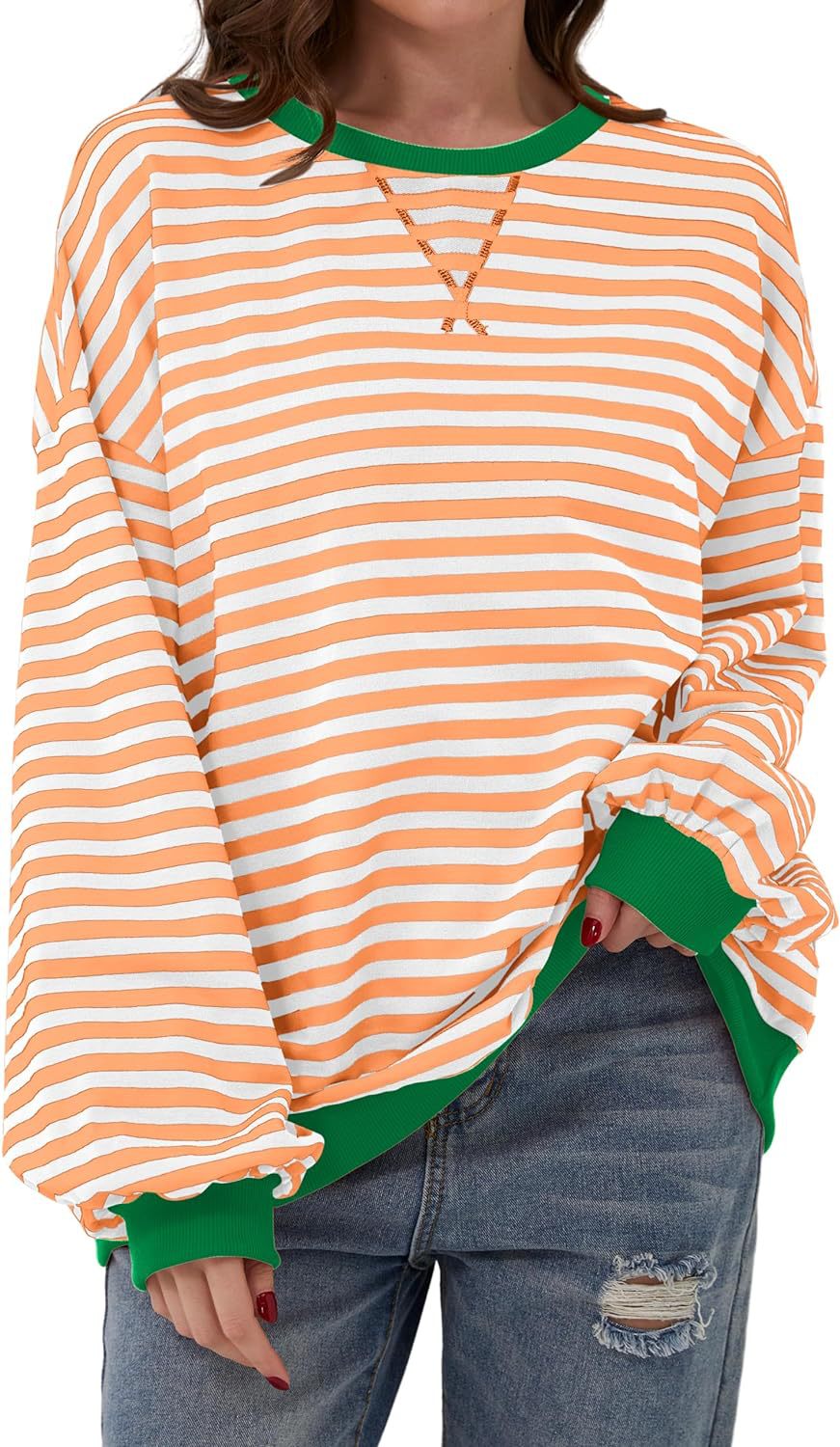 Comfortable Striped Sweatshirt for Women with Crew Neck Long Sleeve Contrast Trim Oversized Knit Style
