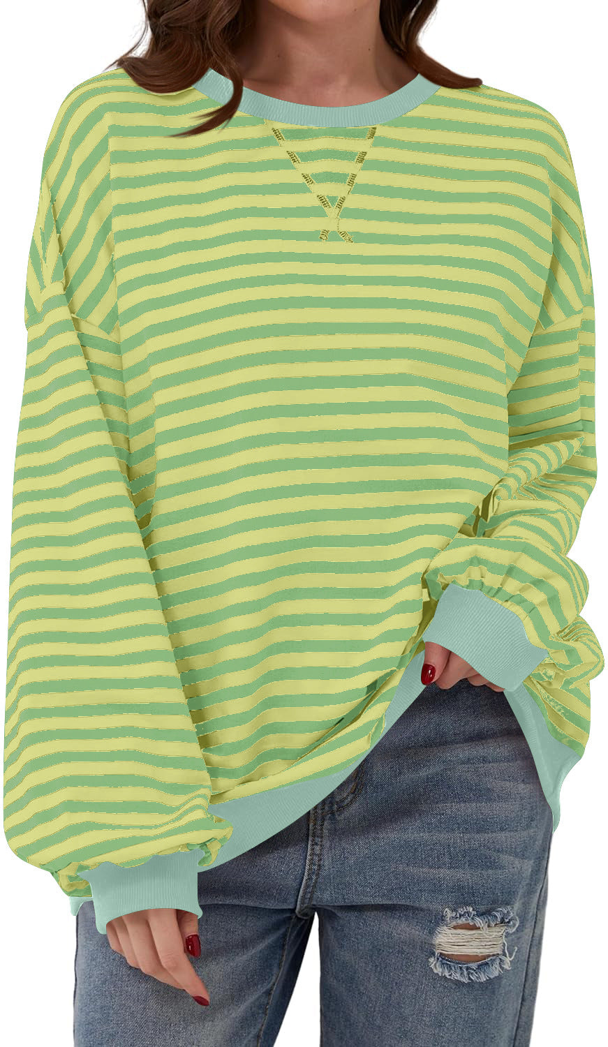 Comfortable Striped Sweatshirt for Women with Crew Neck Long Sleeve Contrast Trim Oversized Knit Style