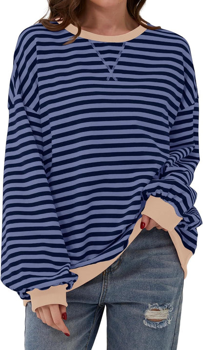 Comfortable Striped Sweatshirt for Women with Crew Neck Long Sleeve Contrast Trim Oversized Knit Style