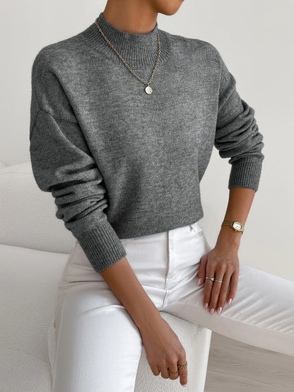 Comfortable Mock Neck Sweater for Women with Long Sleeve Ribbed Cuff Relaxed Oversized Knit Style