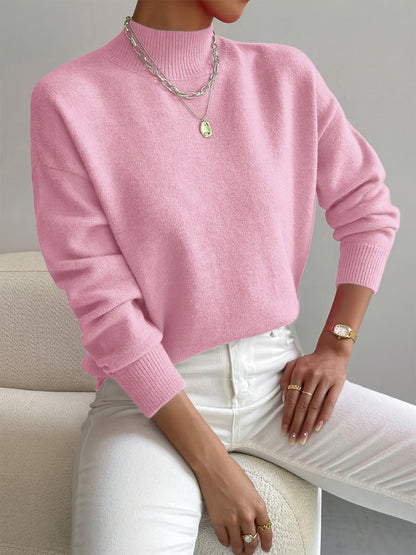 Comfortable Mock Neck Sweater for Women with Long Sleeve Ribbed Cuff Relaxed Oversized Knit Style