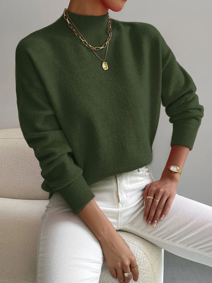 Comfortable Mock Neck Sweater for Women with Long Sleeve Ribbed Cuff Relaxed Oversized Knit Style