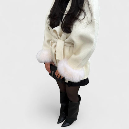 Elegant Wool Coat for Women with Shawl Collar Fur Trim Cuff Belted Oversized Style