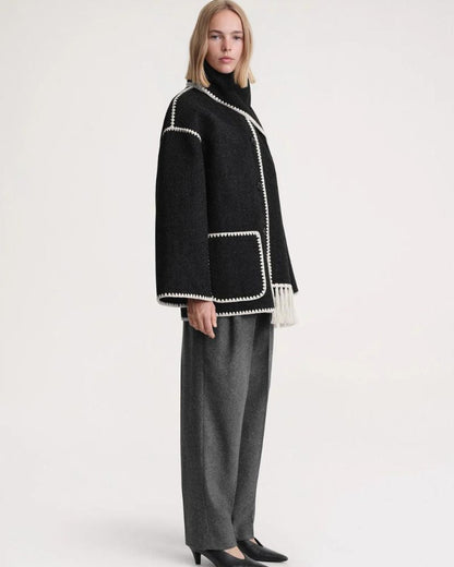 Effortless Whipstitch Wool Cape Jacket for Women with Funnel Neck Long Sleeve Fringe Trim Oversized Style