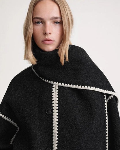 Effortless Whipstitch Wool Cape Jacket for Women with Funnel Neck Long Sleeve Fringe Trim Oversized Style