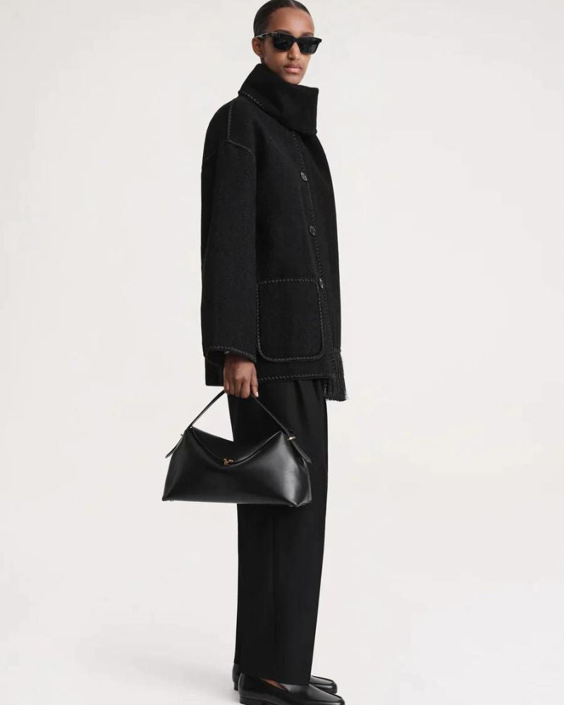 Effortless Whipstitch Wool Cape Jacket for Women with Funnel Neck Long Sleeve Fringe Trim Oversized Style