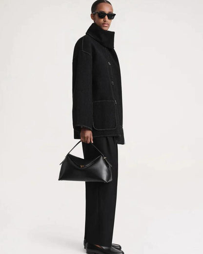 Effortless Whipstitch Wool Cape Jacket for Women with Funnel Neck Long Sleeve Fringe Trim Oversized Style