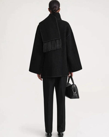 Effortless Whipstitch Wool Cape Jacket for Women with Funnel Neck Long Sleeve Fringe Trim Oversized Style