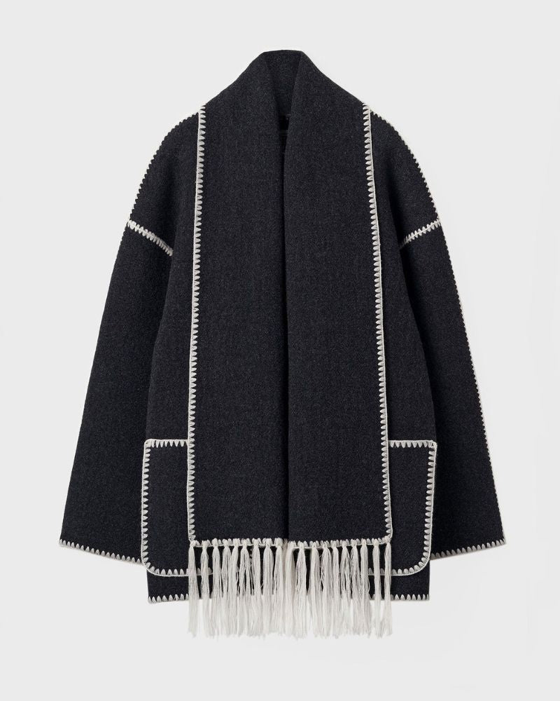 Effortless Whipstitch Wool Cape Jacket for Women with Funnel Neck Long Sleeve Fringe Trim Oversized Style