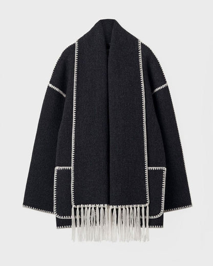Effortless Whipstitch Wool Cape Jacket for Women with Funnel Neck Long Sleeve Fringe Trim Oversized Style