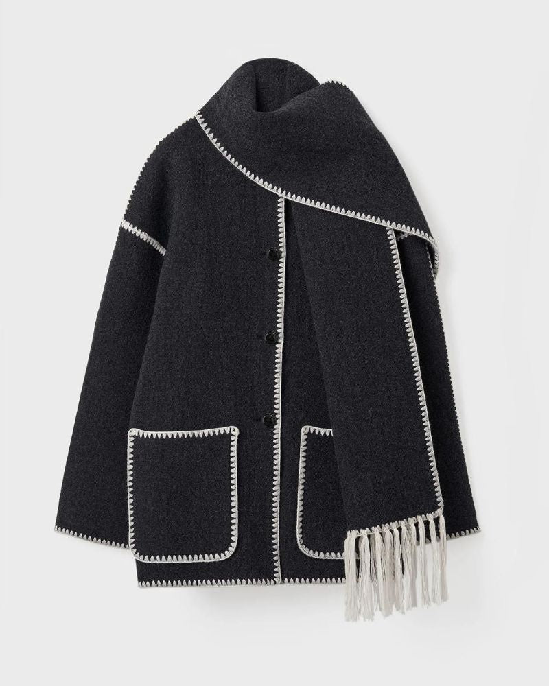 Effortless Whipstitch Wool Cape Jacket for Women with Funnel Neck Long Sleeve Fringe Trim Oversized Style