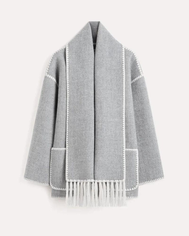 Effortless Whipstitch Wool Cape Jacket for Women with Funnel Neck Long Sleeve Fringe Trim Oversized Style
