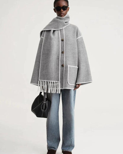 Effortless Whipstitch Wool Cape Jacket for Women with Funnel Neck Long Sleeve Fringe Trim Oversized Style