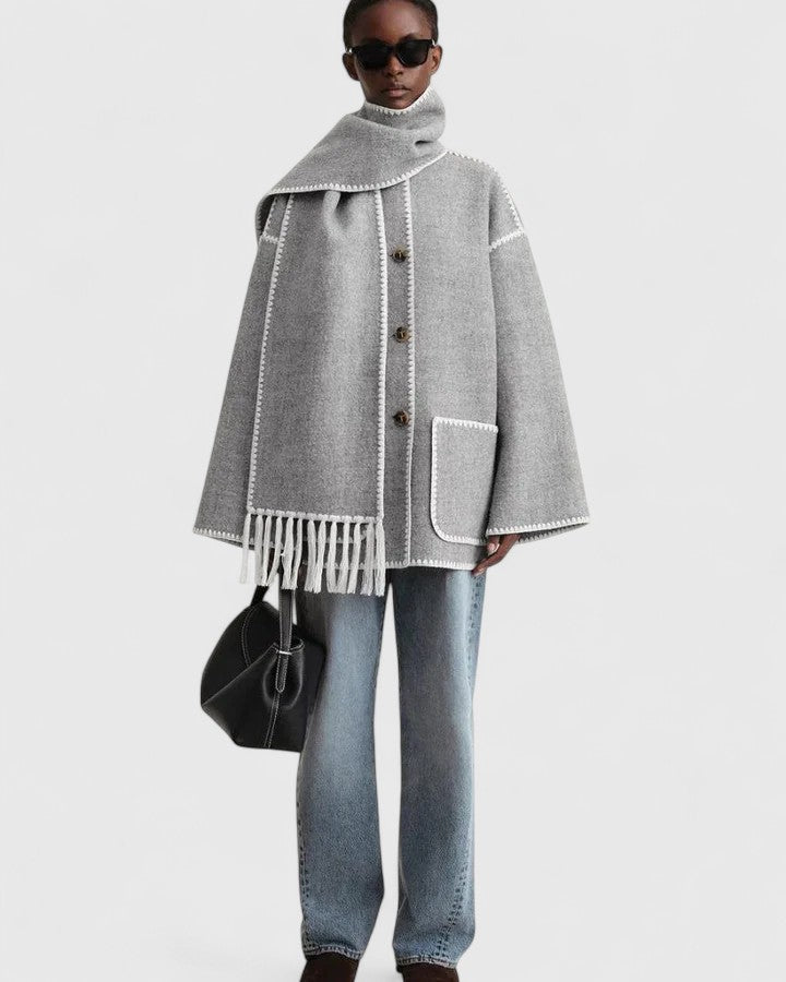 Effortless Whipstitch Wool Cape Jacket for Women with Funnel Neck Long Sleeve Fringe Trim Oversized Style
