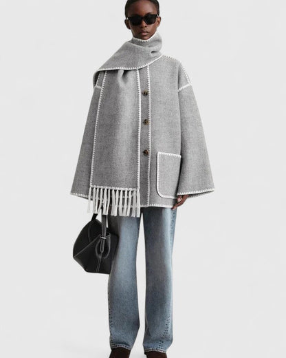 Effortless Whipstitch Wool Cape Jacket for Women with Funnel Neck Long Sleeve Fringe Trim Oversized Style