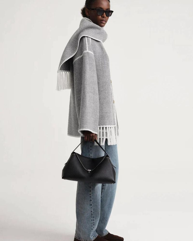 Effortless Whipstitch Wool Cape Jacket for Women with Funnel Neck Long Sleeve Fringe Trim Oversized Style