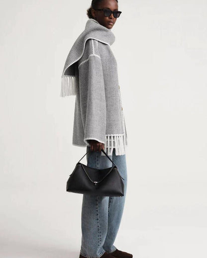 Effortless Whipstitch Wool Cape Jacket for Women with Funnel Neck Long Sleeve Fringe Trim Oversized Style