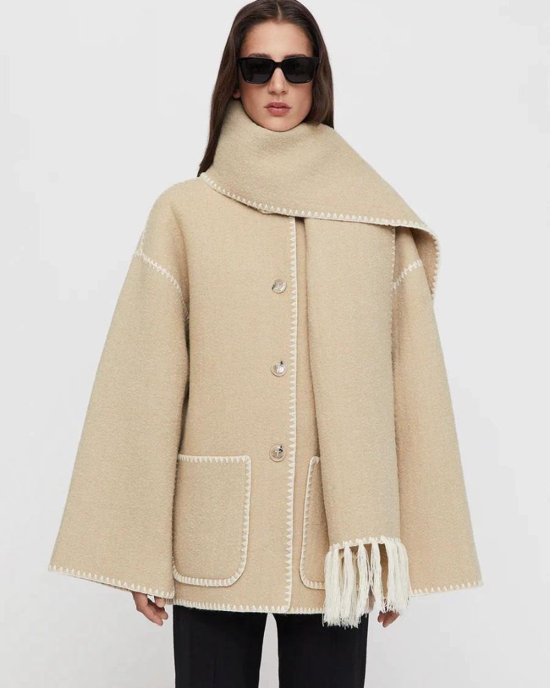 Effortless Whipstitch Wool Cape Jacket for Women with Funnel Neck Long Sleeve Fringe Trim Oversized Style