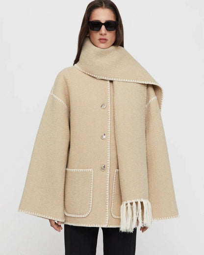 Effortless Whipstitch Wool Cape Jacket for Women with Funnel Neck Long Sleeve Fringe Trim Oversized Style