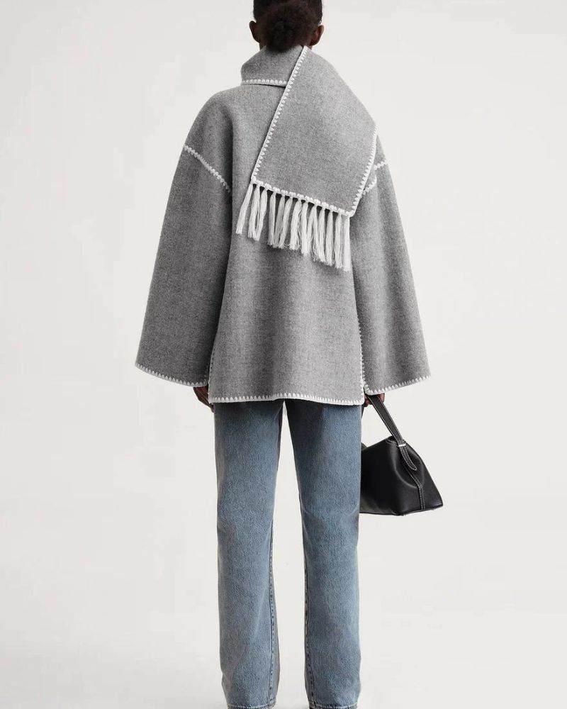 Effortless Whipstitch Wool Cape Jacket for Women with Funnel Neck Long Sleeve Fringe Trim Oversized Style