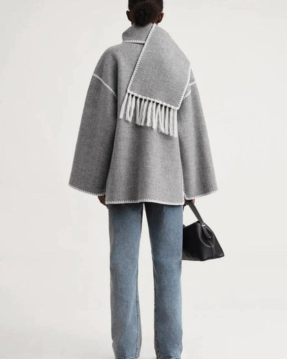 Effortless Whipstitch Wool Cape Jacket for Women with Funnel Neck Long Sleeve Fringe Trim Oversized Style