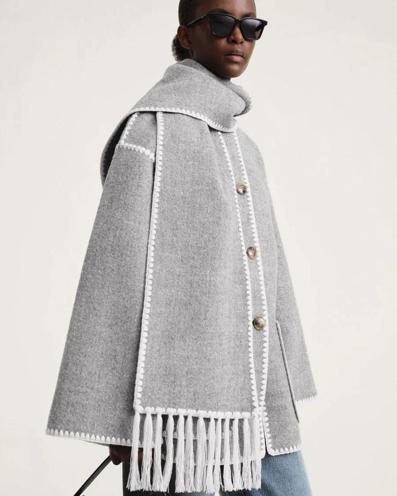 Effortless Whipstitch Wool Cape Jacket for Women with Funnel Neck Long Sleeve Fringe Trim Oversized Style