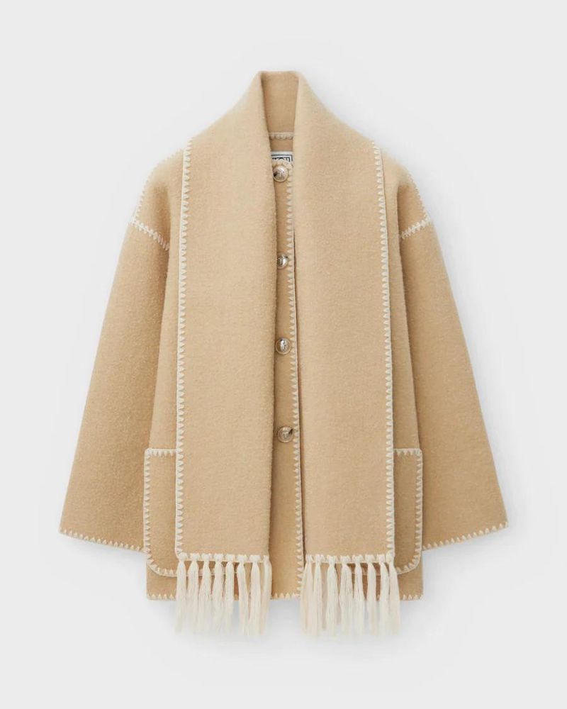 Effortless Whipstitch Wool Cape Jacket for Women with Funnel Neck Long Sleeve Fringe Trim Oversized Style