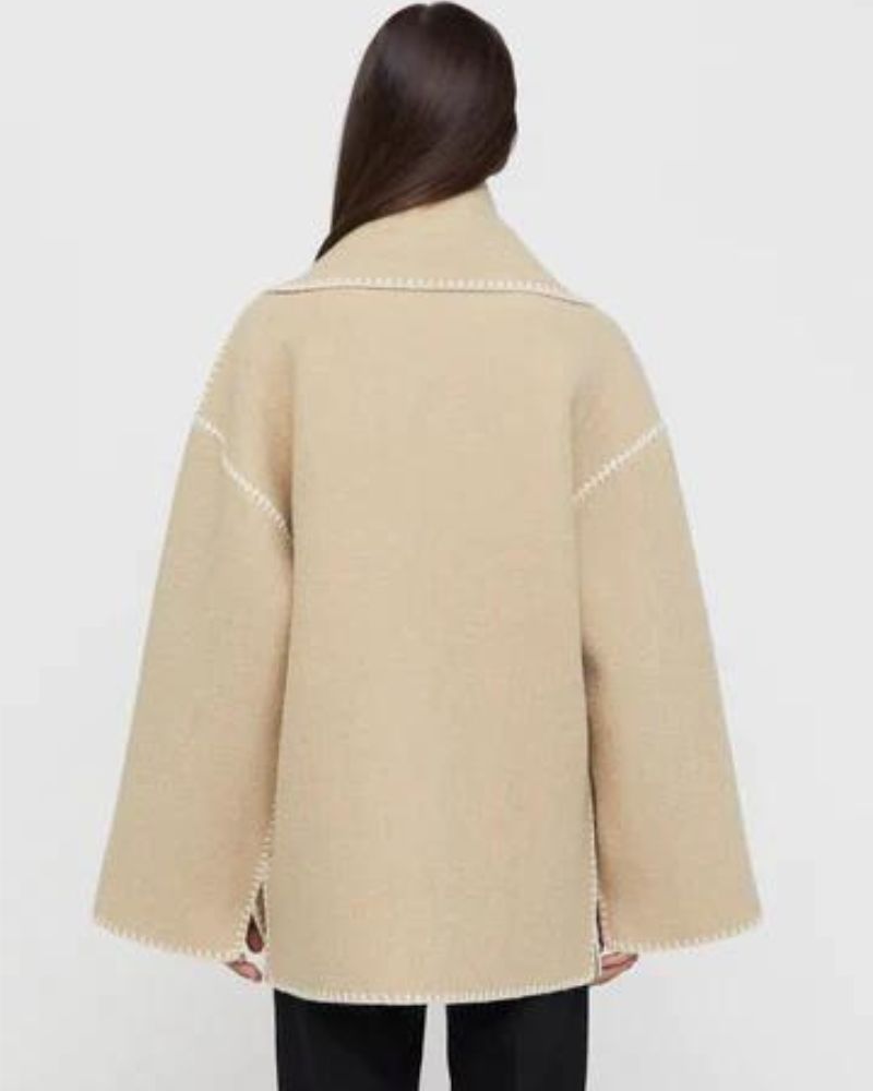 Effortless Whipstitch Wool Cape Jacket for Women with Funnel Neck Long Sleeve Fringe Trim Oversized Style