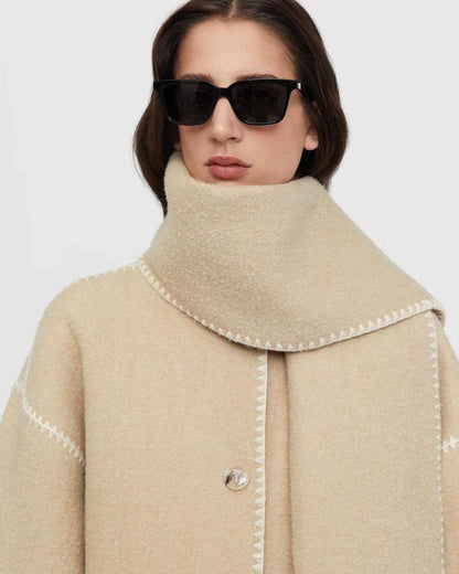 Effortless Whipstitch Wool Cape Jacket for Women with Funnel Neck Long Sleeve Fringe Trim Oversized Style