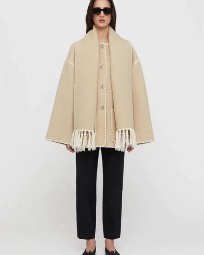 Effortless Whipstitch Wool Cape Jacket for Women with Funnel Neck Long Sleeve Fringe Trim Oversized Style