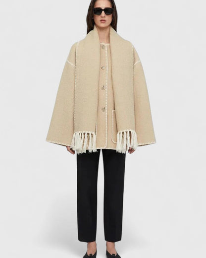 Effortless Whipstitch Wool Cape Jacket for Women with Funnel Neck Long Sleeve Fringe Trim Oversized Style