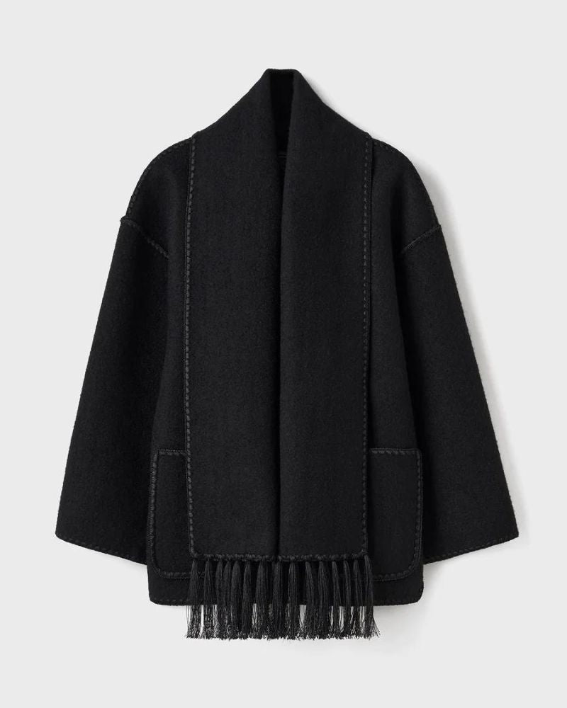 Effortless Whipstitch Wool Cape Jacket for Women with Funnel Neck Long Sleeve Fringe Trim Oversized Style