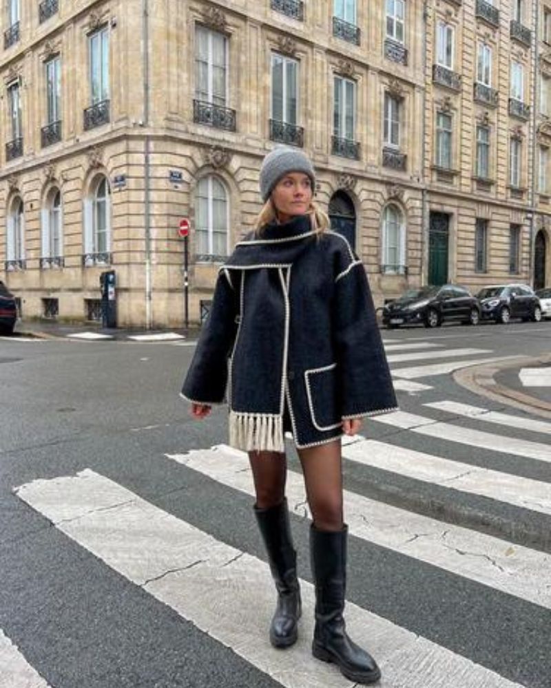 Effortless Whipstitch Wool Cape Jacket for Women with Funnel Neck Long Sleeve Fringe Trim Oversized Style
