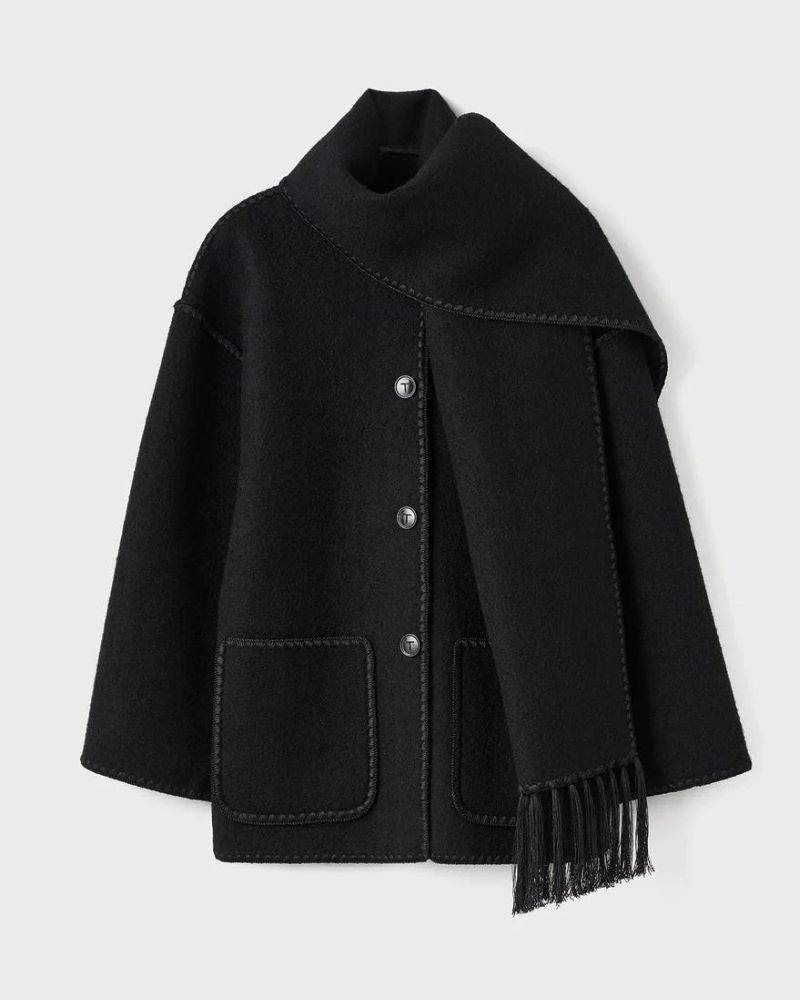 Effortless Whipstitch Wool Cape Jacket for Women with Funnel Neck Long Sleeve Fringe Trim Oversized Style