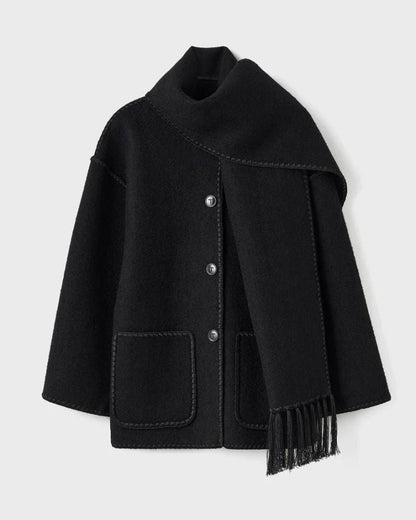 Effortless Whipstitch Wool Cape Jacket for Women with Funnel Neck Long Sleeve Fringe Trim Oversized Style