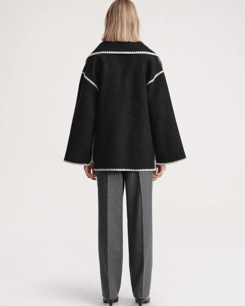 Effortless Whipstitch Wool Cape Jacket for Women with Funnel Neck Long Sleeve Fringe Trim Oversized Style