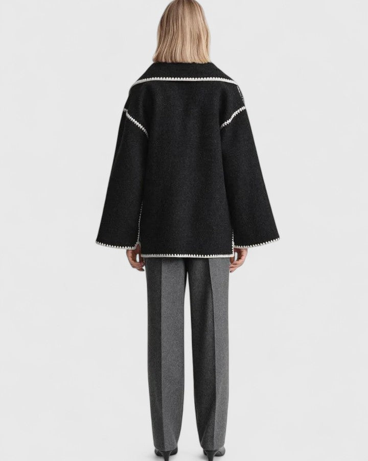 Effortless Whipstitch Wool Cape Jacket for Women with Funnel Neck Long Sleeve Fringe Trim Oversized Style