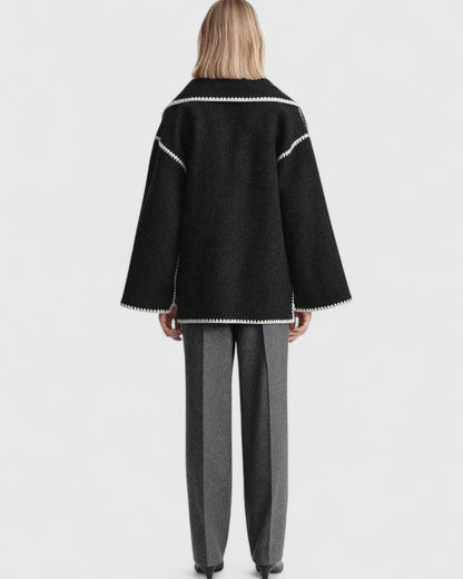 Effortless Whipstitch Wool Cape Jacket for Women with Funnel Neck Long Sleeve Fringe Trim Oversized Style