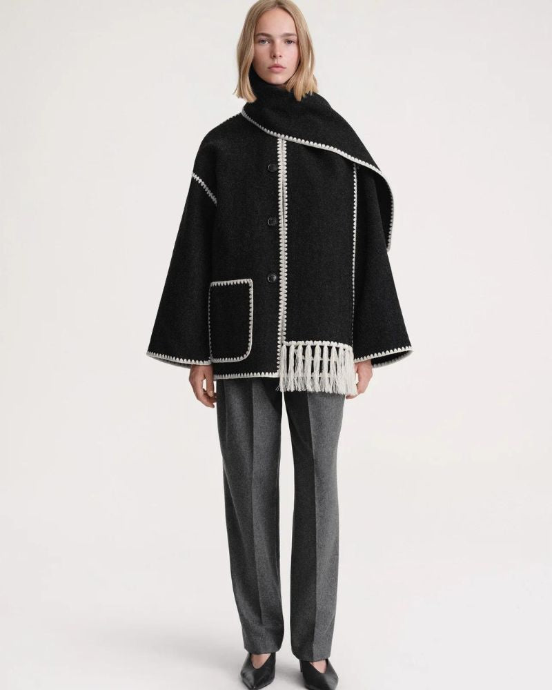 Effortless Whipstitch Wool Cape Jacket for Women with Funnel Neck Long Sleeve Fringe Trim Oversized Style