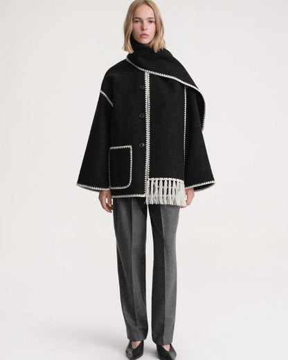 Effortless Whipstitch Wool Cape Jacket for Women with Funnel Neck Long Sleeve Fringe Trim Oversized Style