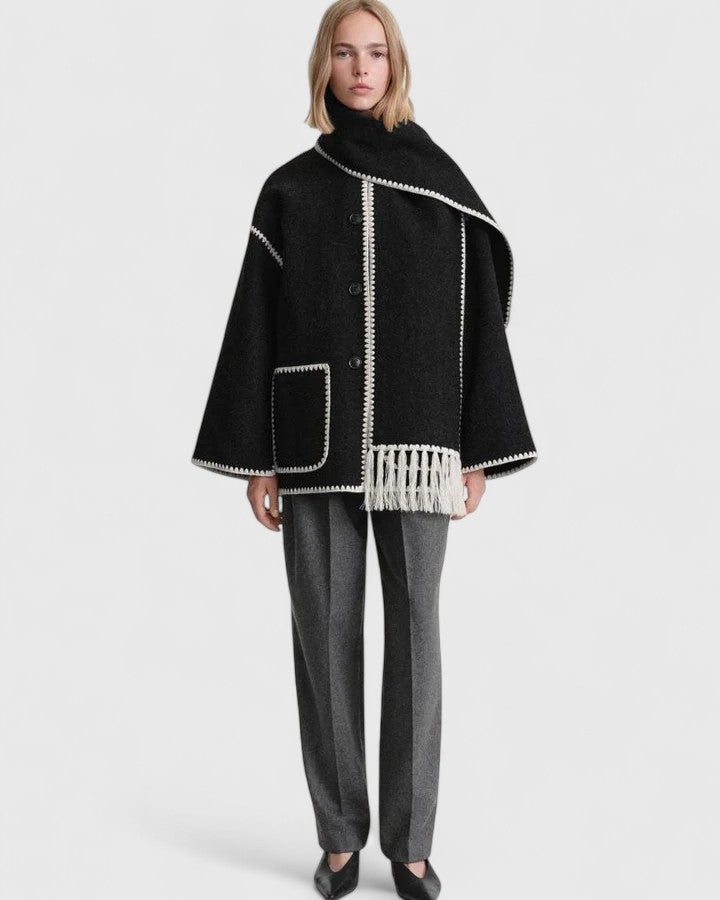 Effortless Whipstitch Wool Cape Jacket for Women with Funnel Neck Long Sleeve Fringe Trim Oversized Style