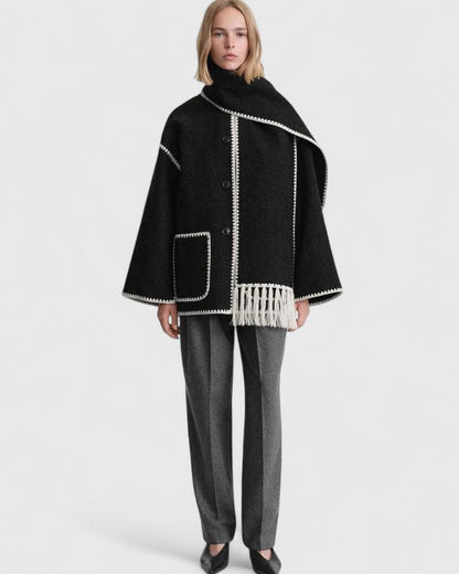 Effortless Whipstitch Wool Cape Jacket for Women with Funnel Neck Long Sleeve Fringe Trim Oversized Style