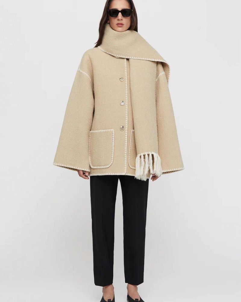 Effortless Whipstitch Wool Cape Jacket for Women with Funnel Neck Long Sleeve Fringe Trim Oversized Style
